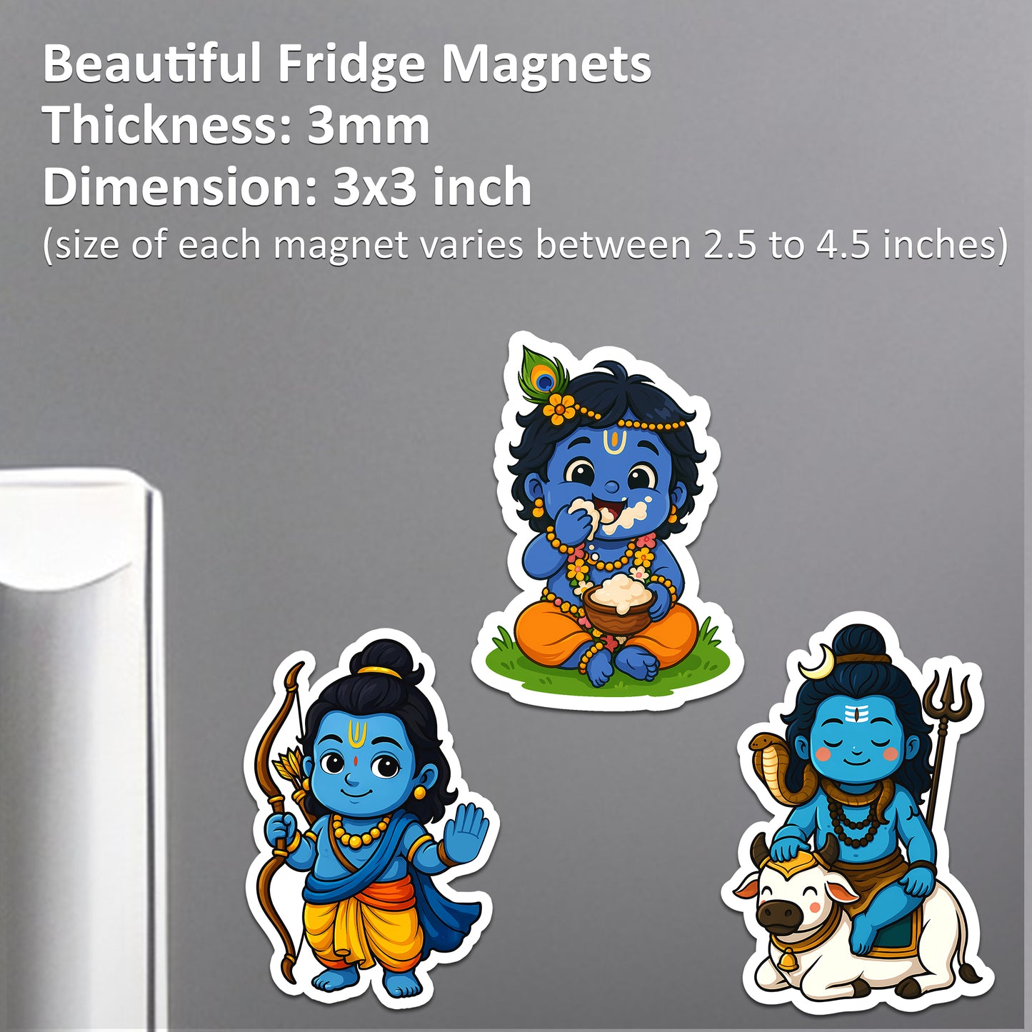 Hindu God Magnets 3x3 Inch | Little Krishna, Ram & Shiva Cartoon for Refrigerator, Office, Locker | Decorative Magnetic Stickers for Home & Gifting | Set of 3
