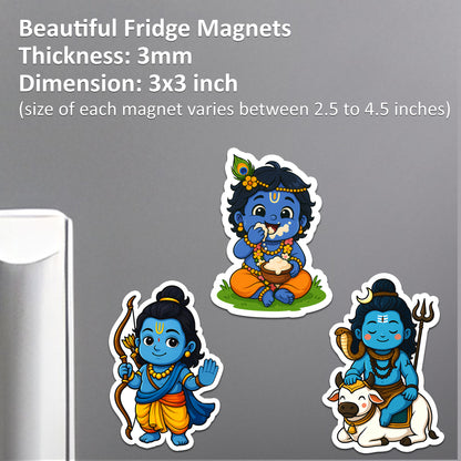 Hindu God Magnets 3x3 Inch | Little Krishna, Ram & Shiva Cartoon for Refrigerator, Office, Locker | Decorative Magnetic Stickers for Home & Gifting | Set of 3