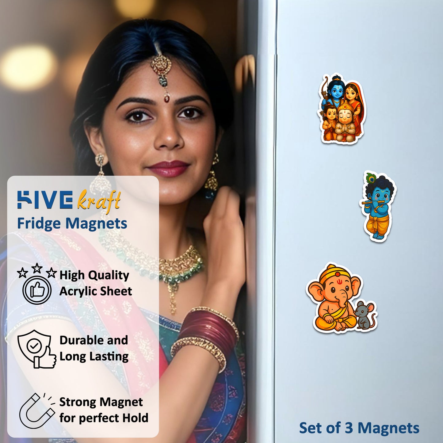 Bal Ganesha, Krishna & Ram Parivar Cartoon Magnets for Refrigerator, Office, Locker | Decorative Magnetic Stickers for Home & Gifting | Set of 3 Hindu God 3x3 Inch