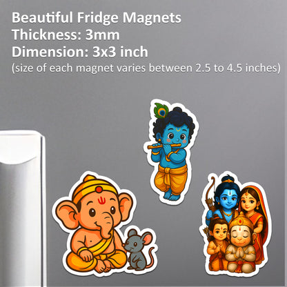 Bal Ganesha, Krishna & Ram Parivar Cartoon Magnets for Refrigerator, Office, Locker | Decorative Magnetic Stickers for Home & Gifting | Set of 3 Hindu God 3x3 Inch