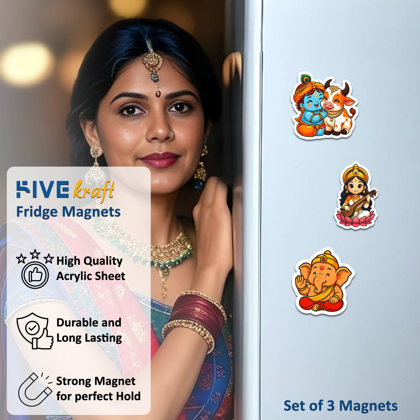 Cartoon Fridge Magnets | Little Krishna with Cow, Bal Ganesha & Saraswati | Acrylic 3x3 Inch Stickers Decorative Magnets for Refrigerator Set of 3