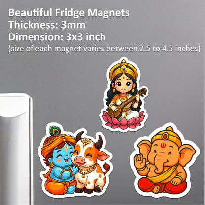 Cartoon Fridge Magnets | Little Krishna with Cow, Bal Ganesha & Saraswati | Acrylic 3x3 Inch Stickers Decorative Magnets for Refrigerator Set of 3