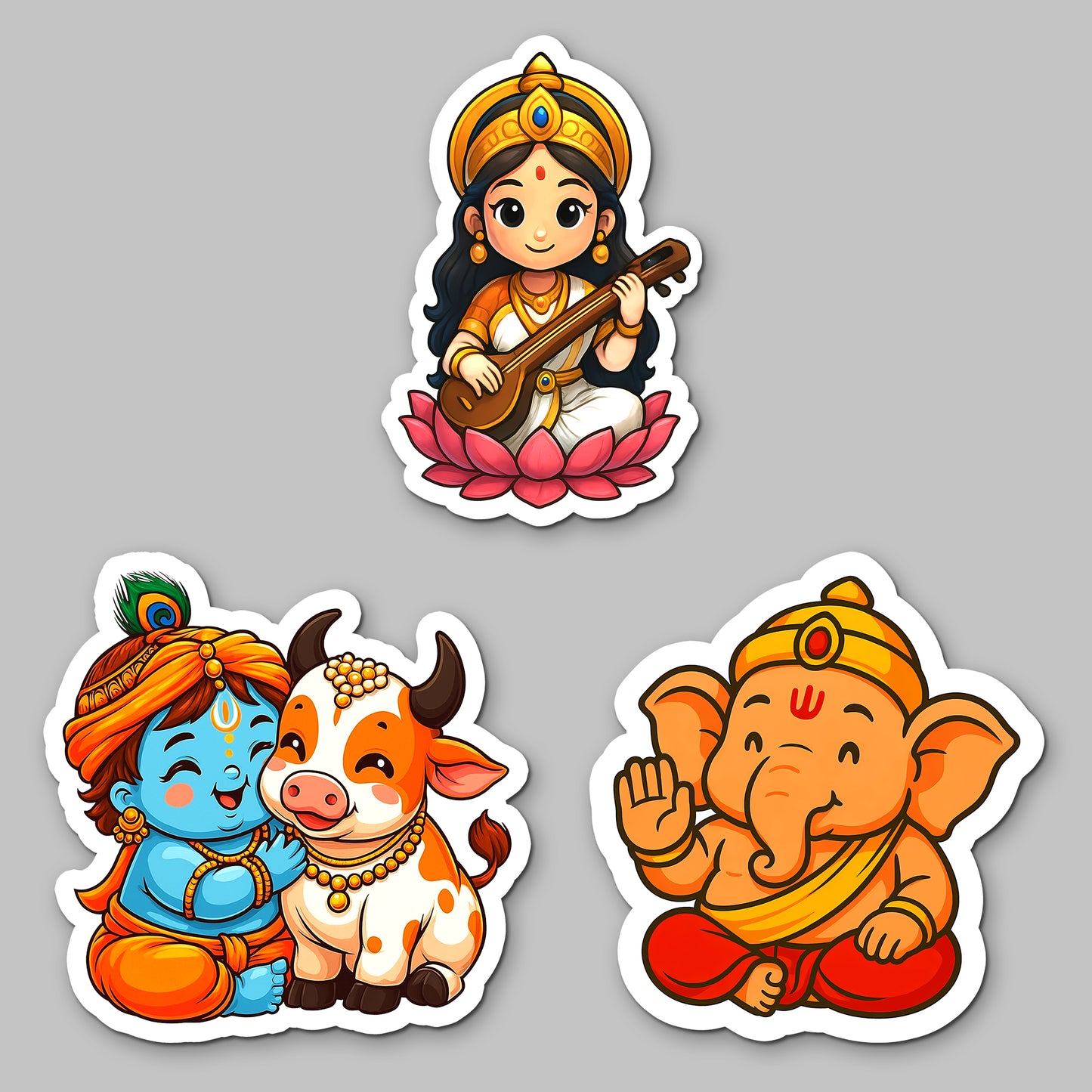 Cartoon Fridge Magnets | Little Krishna with Cow, Bal Ganesha & Saraswati | Acrylic 3x3 Inch Stickers Decorative Magnets for Refrigerator Set of 3