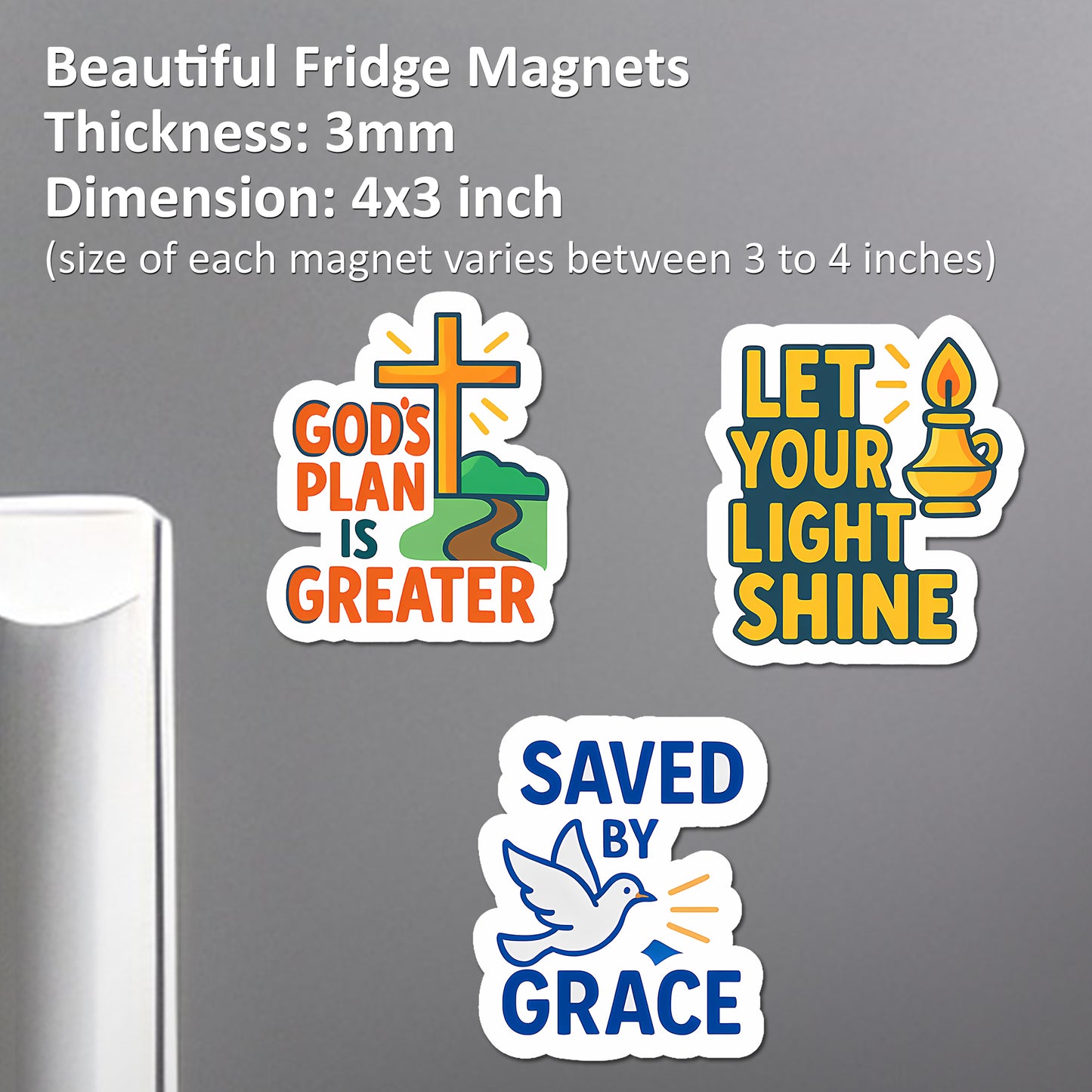 Christian Fridge Magnets | Set of 3 Acrylic God's Plan, Let Your Light Shine, & Saved by Grace Magnets | Inspirational Faith Decor & Gift | 4x3 Inch