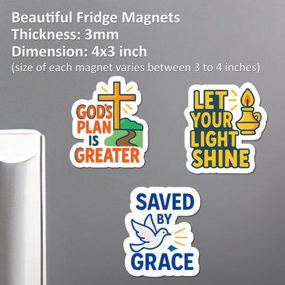Christian Fridge Magnets | Set of 3 Acrylic God's Plan, Let Your Light Shine, & Saved by Grace Magnets | Inspirational Faith Decor & Gift | 4x3 Inch
