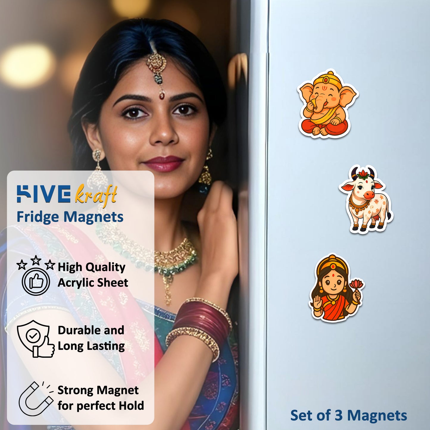 Acrylic Fridge Magnets | Kamadhenu Cow, Bal Ganesha & Goddess Lakshmi | 3x3 Stickers for Fridge, Locker, Festival Gift | Set of 3