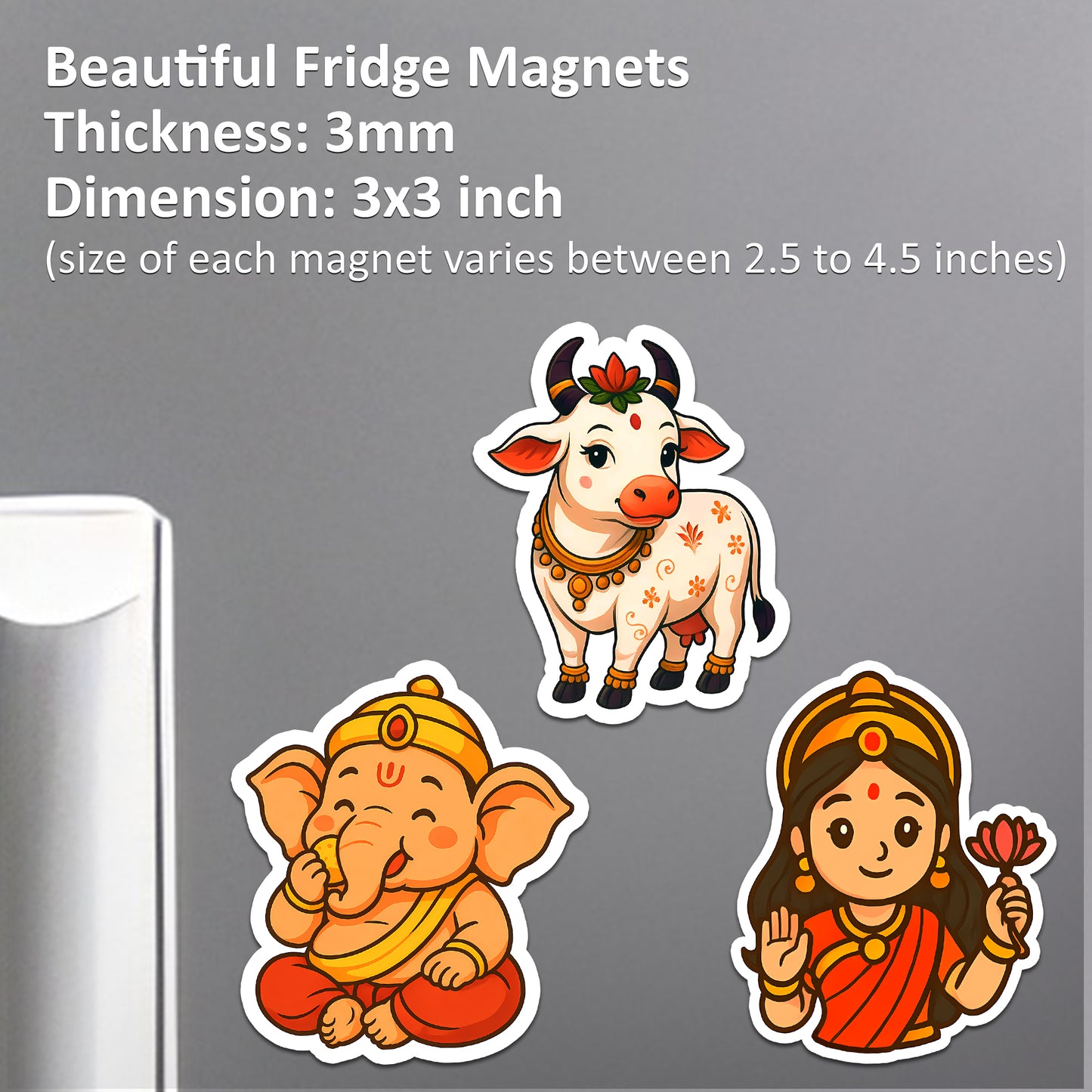 Acrylic Fridge Magnets | Kamadhenu Cow, Bal Ganesha & Goddess Lakshmi | 3x3 Stickers for Fridge, Locker, Festival Gift | Set of 3