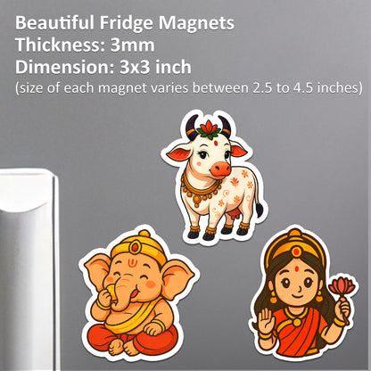 Acrylic Fridge Magnets | Kamadhenu Cow, Bal Ganesha & Goddess Lakshmi | 3x3 Stickers for Fridge, Locker, Festival Gift | Set of 3