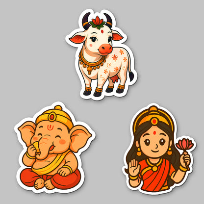Acrylic Fridge Magnets | Kamadhenu Cow, Bal Ganesha & Goddess Lakshmi | 3x3 Stickers for Fridge, Locker, Festival Gift | Set of 3