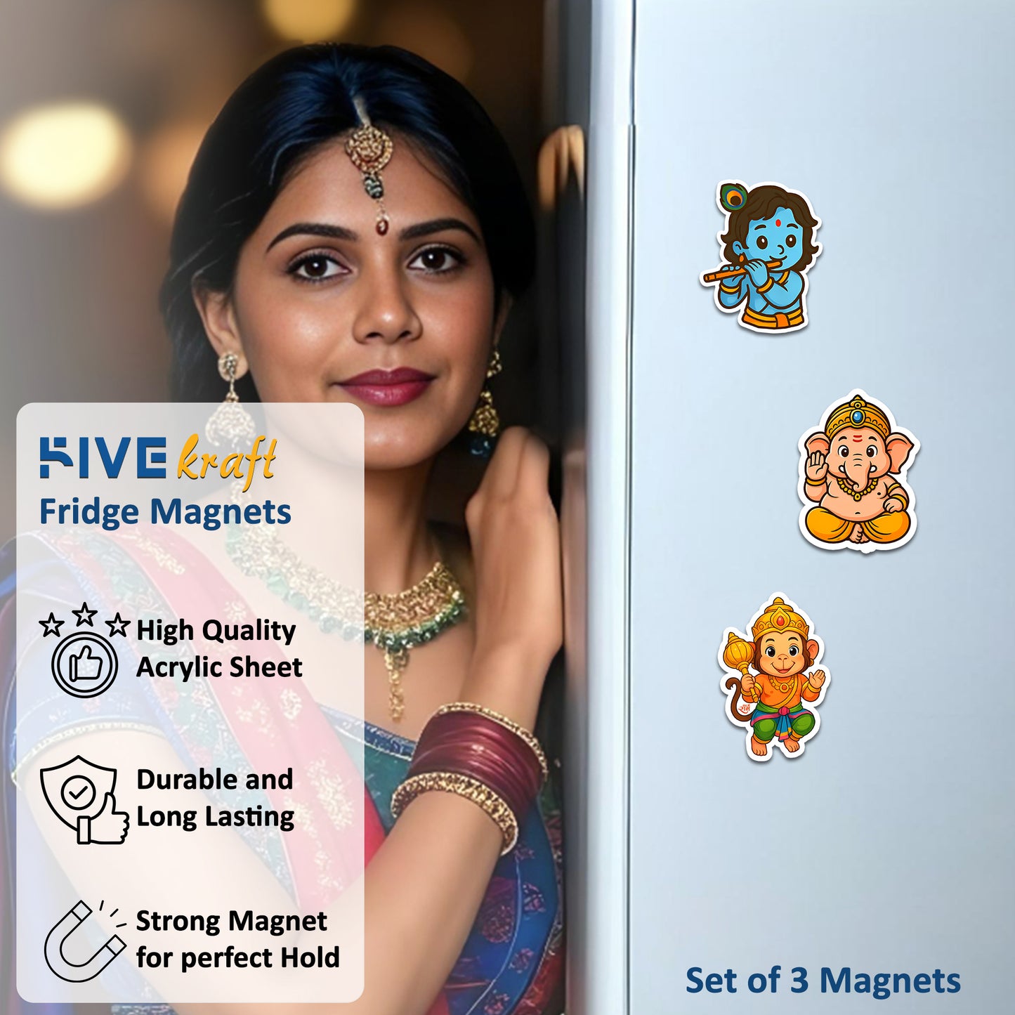 Hanuman, Krishna & Ganesha Fridge Magnets | Acrylic 3x3 Inch Magnetic Stickers for Decorative for Locker, Office | Festival Gift Idea | Set of 3