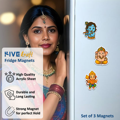 Hanuman, Krishna & Ganesha Fridge Magnets | Acrylic 3x3 Inch Magnetic Stickers for Decorative for Locker, Office | Festival Gift Idea | Set of 3