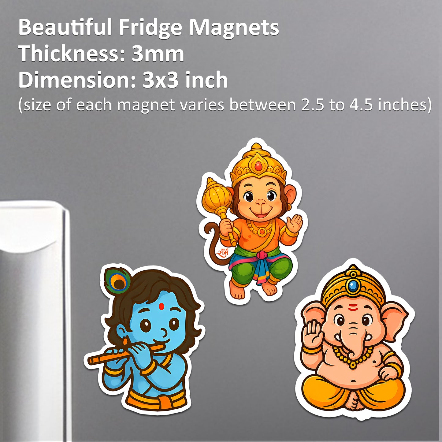 Hanuman, Krishna & Ganesha Fridge Magnets | Acrylic 3x3 Inch Magnetic Stickers for Decorative for Locker, Office | Festival Gift Idea | Set of 3