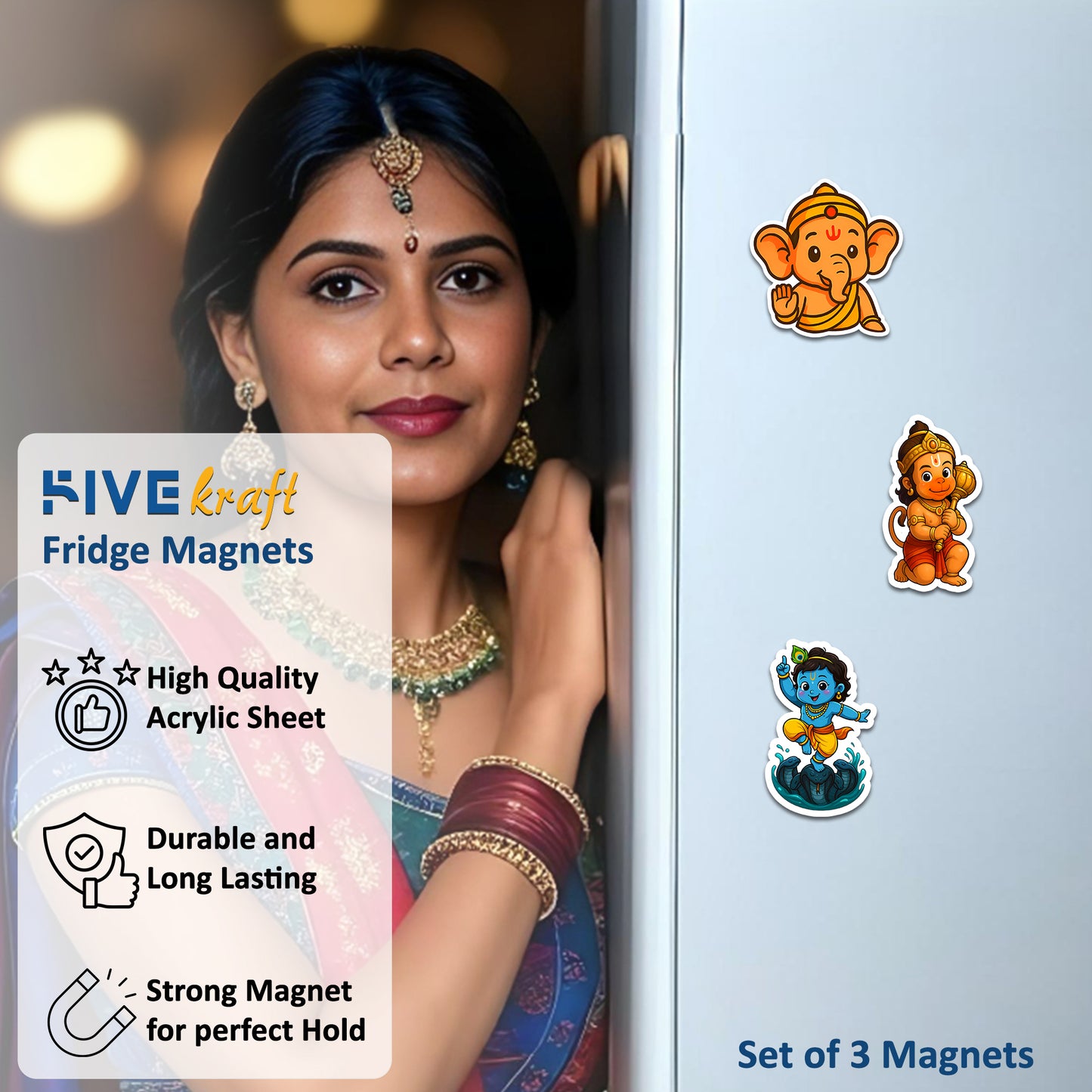 Little Krishna on Kaliya Naag, Bal Ganesha & Hanuman | Cute Decorative Magnets for Fridge, Locker, Office | Festival Gift | 3x3 Inch Set of 3