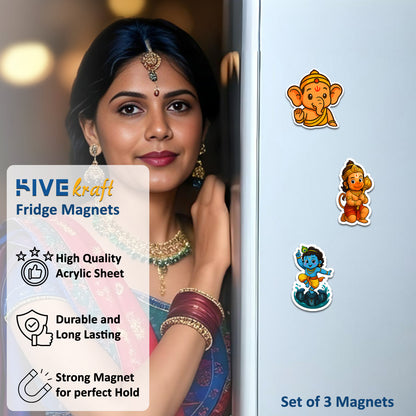 Little Krishna on Kaliya Naag, Bal Ganesha & Hanuman | Cute Decorative Magnets for Fridge, Locker, Office | Festival Gift | 3x3 Inch Set of 3