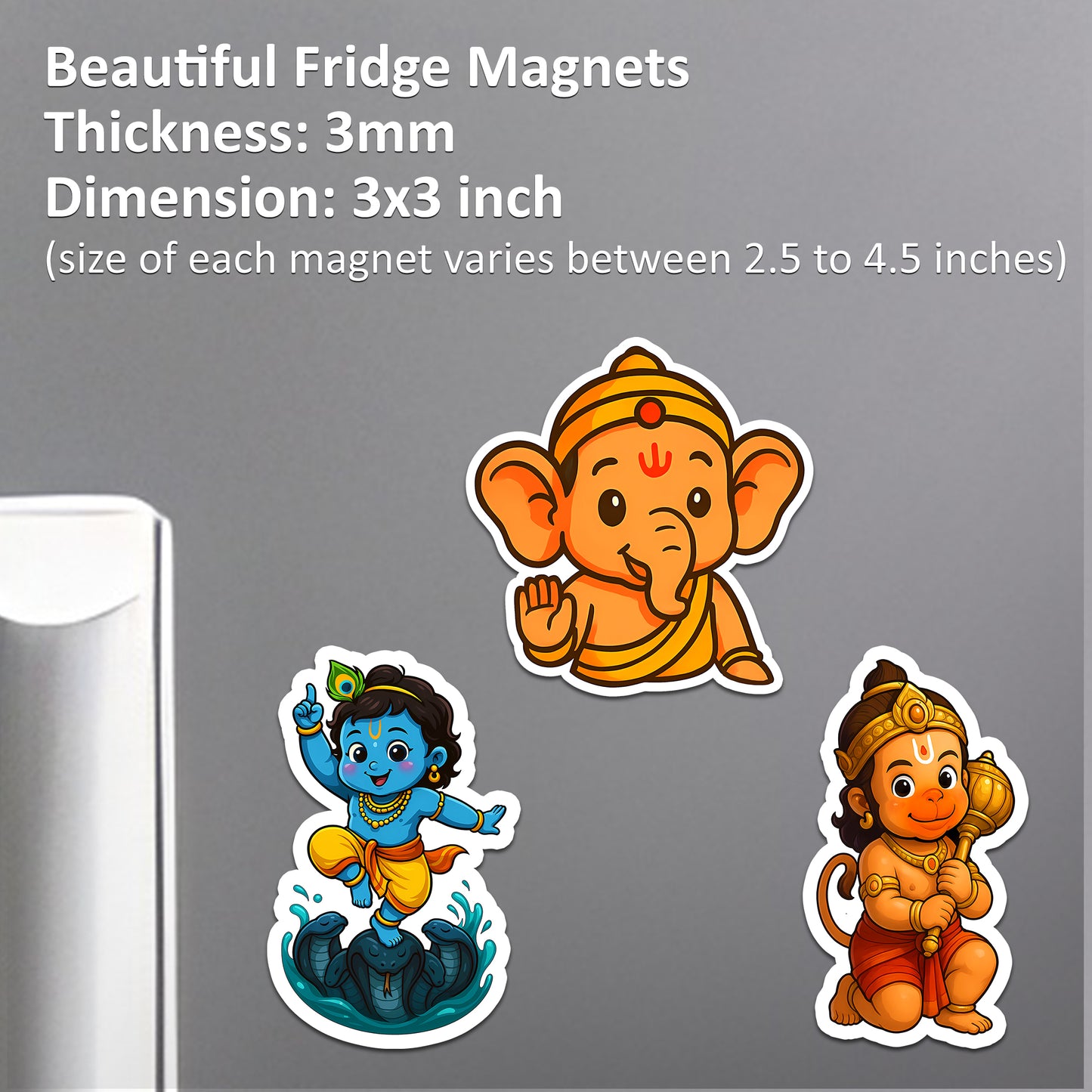 Little Krishna on Kaliya Naag, Bal Ganesha & Hanuman | Cute Decorative Magnets for Fridge, Locker, Office | Festival Gift | 3x3 Inch Set of 3
