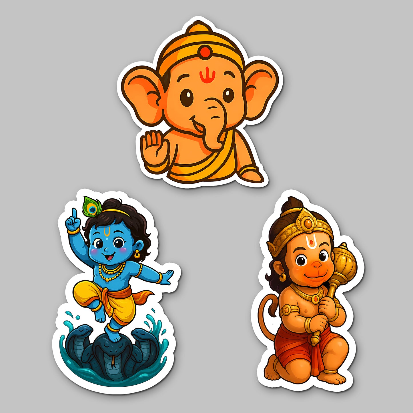 Little Krishna on Kaliya Naag, Bal Ganesha & Hanuman | Cute Decorative Magnets for Fridge, Locker, Office | Festival Gift | 3x3 Inch Set of 3