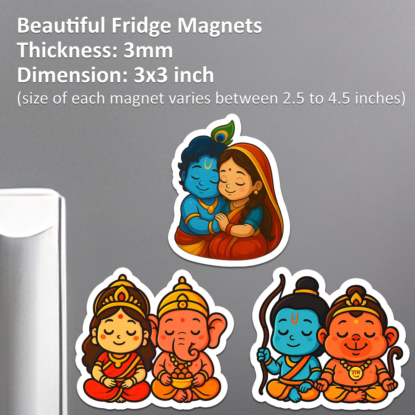 Acrylic Hindu God Fridge Magnets | Acrylic Set of 3 Cartoon-Style Decorative Magnets Indian Mythology Characters | Radha Krishna, Ganesh, Ram Sita Hanuman