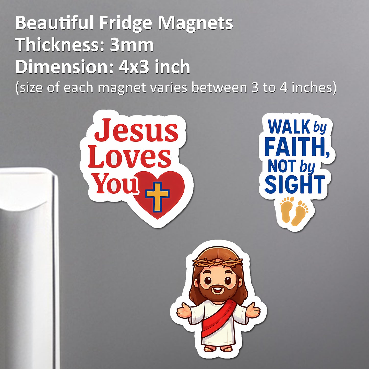 Christian Acrylic Fridge Magnets Set of 3 | Jesus Loves You, Walk by Faith Not by Sight & Cute Jesus Cartoon | Bible Verse Refrigerator Magnets for Home, Kitchen, Gifts, Church Decor | 4x3 Inch