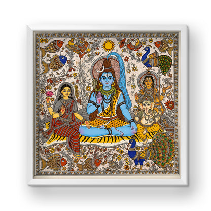 Premium Shiv Parivar Acrylic Wall Frame Glass Finishing Madhubani Art Style | Lord Shiva, Parvati, Ganesha & Kartikeya Painting | Wall Decor for Home & Temple