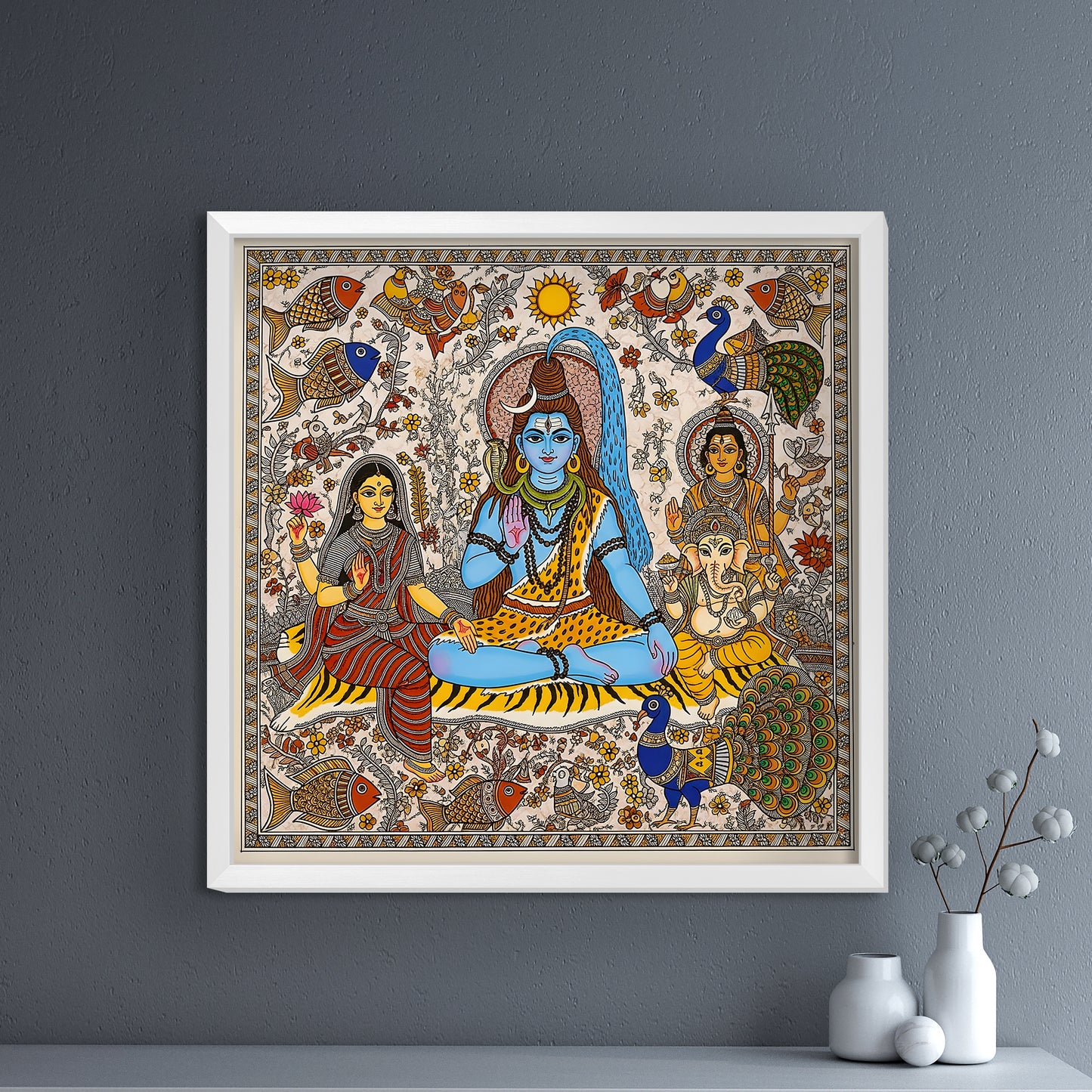 Premium Shiv Parivar Acrylic Wall Frame Glass Finishing Madhubani Art Style | Lord Shiva, Parvati, Ganesha & Kartikeya Painting | Wall Decor for Home & Temple