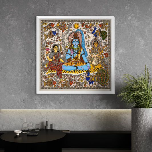 shiv parivar wall frame, madhubani art shiva parvati, lord shiva family painting, hindu god wall decor, shiva parivar madhubani painting, mithila art wall decor, diwali gift shiv parivar, spiritual acrylic wall frame