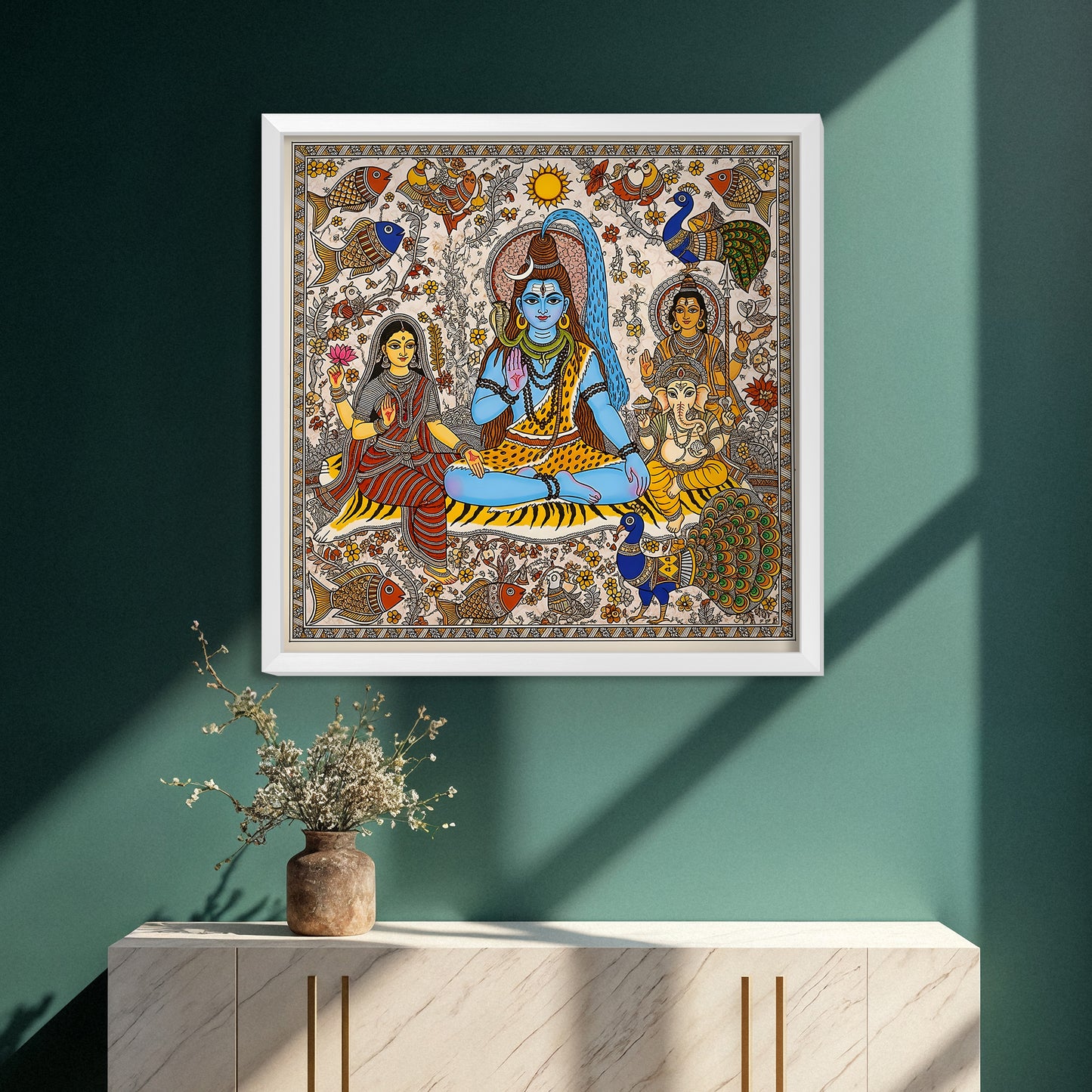 Premium Shiv Parivar Acrylic Wall Frame Glass Finishing Madhubani Art Style | Lord Shiva, Parvati, Ganesha & Kartikeya Painting | Wall Decor for Home & Temple