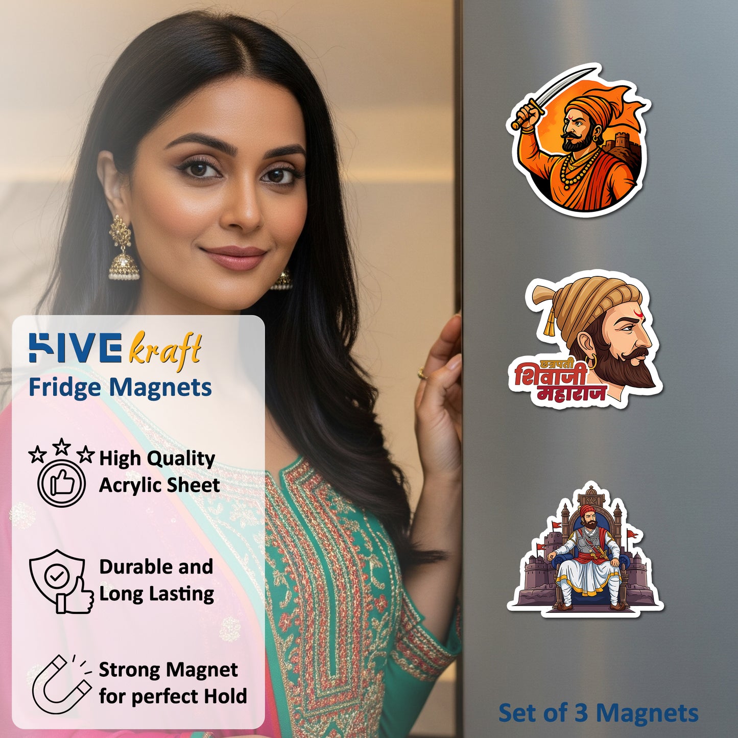 Shivaji Maharaj Acrylic Fridge Magnets Set of 3 – Chhatrapati Shivaji Maharaj Decorative Refrigerator Magnets | Strong Acrylic Souvenirs for Home, Kitchen & Gifting