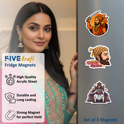 Shivaji Maharaj Acrylic Fridge Magnets Set of 3 – Chhatrapati Shivaji Maharaj Decorative Refrigerator Magnets | Strong Acrylic Souvenirs for Home, Kitchen & Gifting