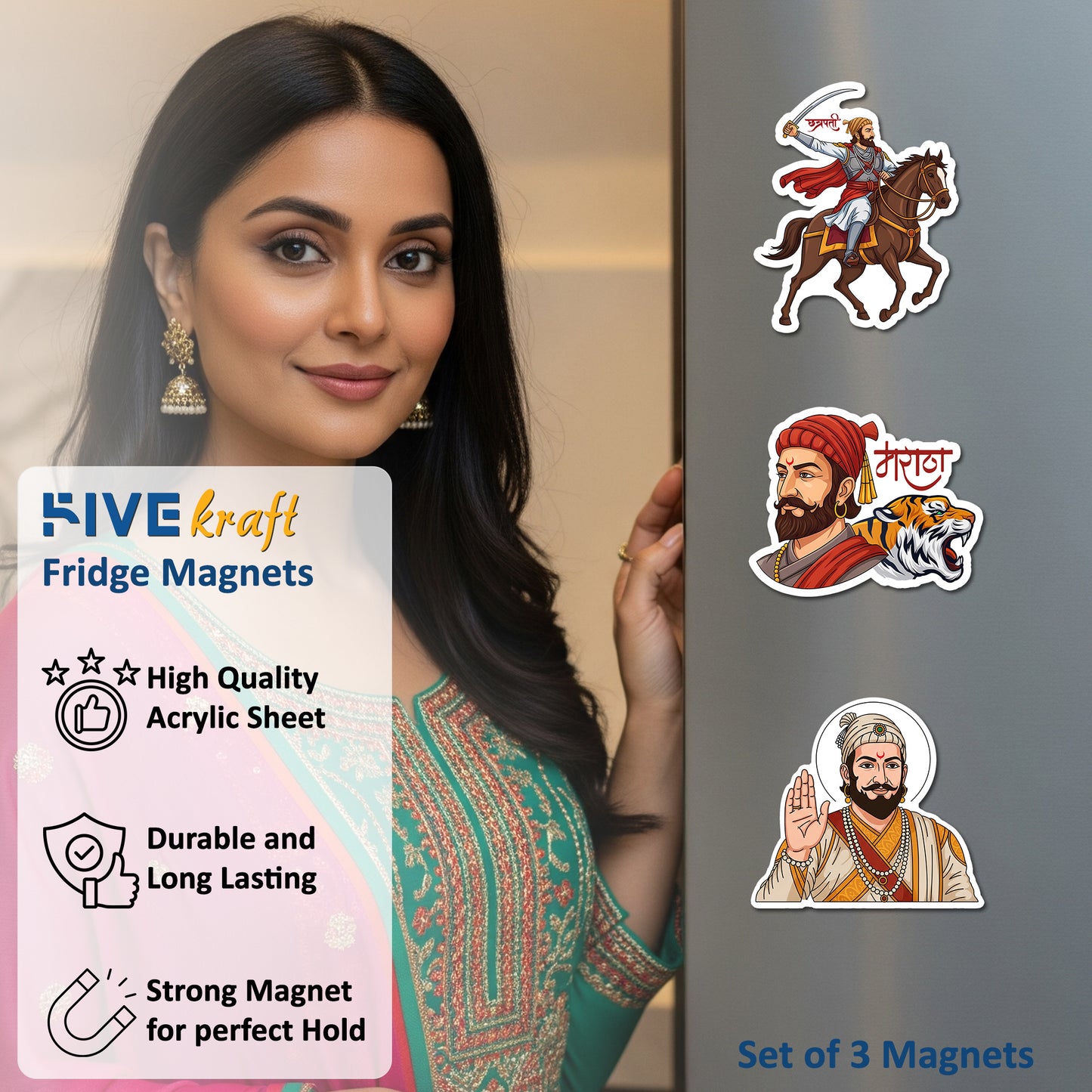 Shivaji Maharaj Acrylic Fridge Magnets Set of 3 – Chhatrapati Shivaji Maharaj Horse Rider, Portrait & Maratha Design | Decorative Refrigerator Magnets for Home & Gifting | 4x3 Inch