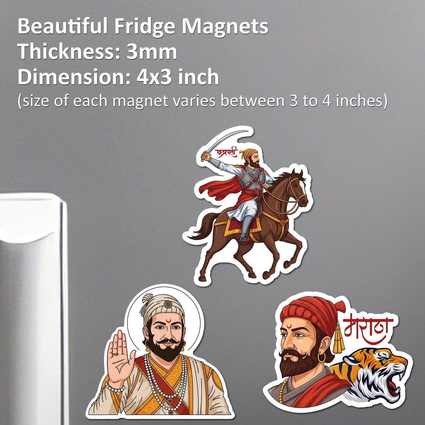Shivaji Maharaj Acrylic Fridge Magnets Set of 3 – Chhatrapati Shivaji Maharaj Horse Rider, Portrait & Maratha Design | Decorative Refrigerator Magnets for Home & Gifting | 4x3 Inch