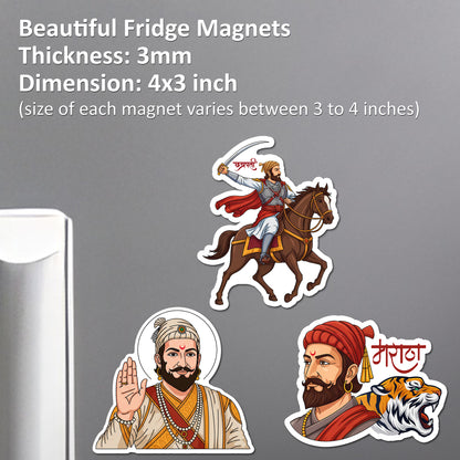 Shivaji Maharaj Acrylic Fridge Magnets Set of 3 – Chhatrapati Shivaji Maharaj Horse Rider, Portrait & Maratha Design | Decorative Refrigerator Magnets for Home & Gifting | 4x3 Inch