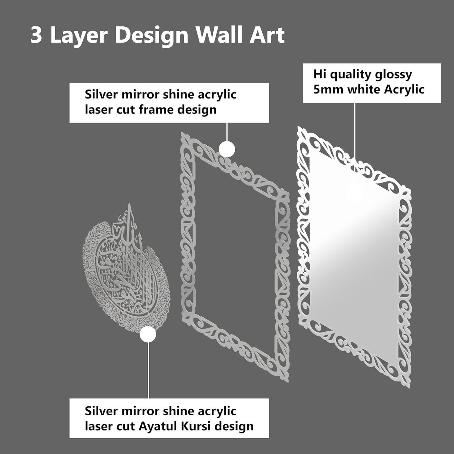 Premium 3D Ayatul Kursi Islamic Wall Art in Double Layer Silver Shinning Acrylic | Silver Arabic Calligraphy Frame | White Base | Quran Verse Muslim Home Decor for Living Room, Bedroom, Office & Masjid | 16x24 Inches (White & Silver)